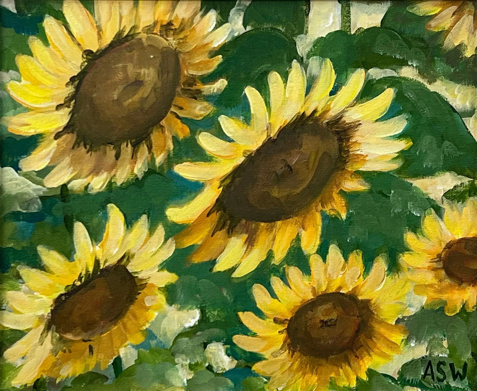 Angela Wakefield Golden Yellow Sunflowers Study on Green Background by Contemporary Artist, 2023 - 9