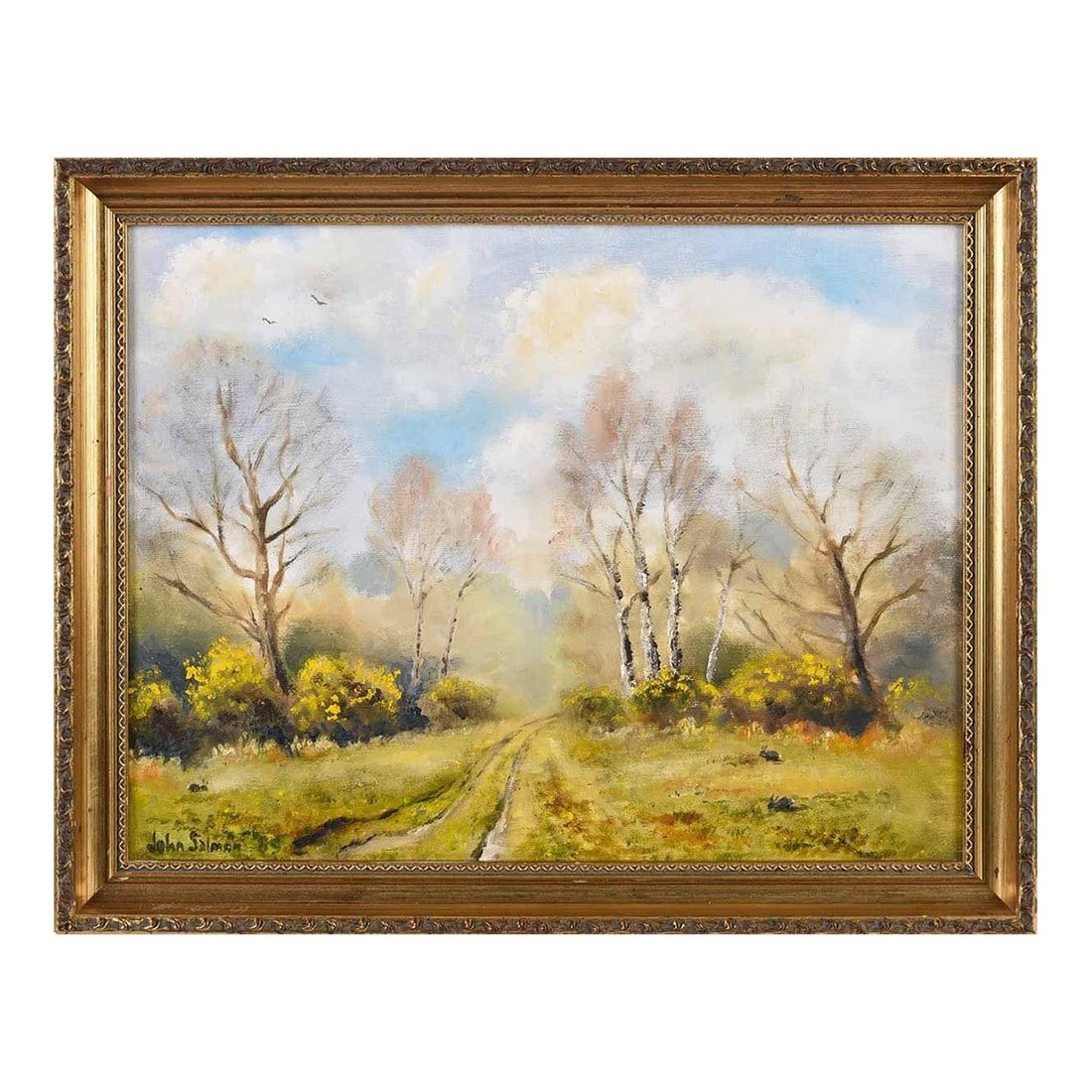 Oil Painting of Gorse on the Common With Trees & Rabbits in Oxfordshire England, 1985 (1 of 4)