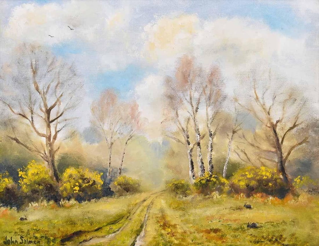 Oil Painting of Gorse on the Common With Trees & Rabbits in Oxfordshire England, 1985 - 2