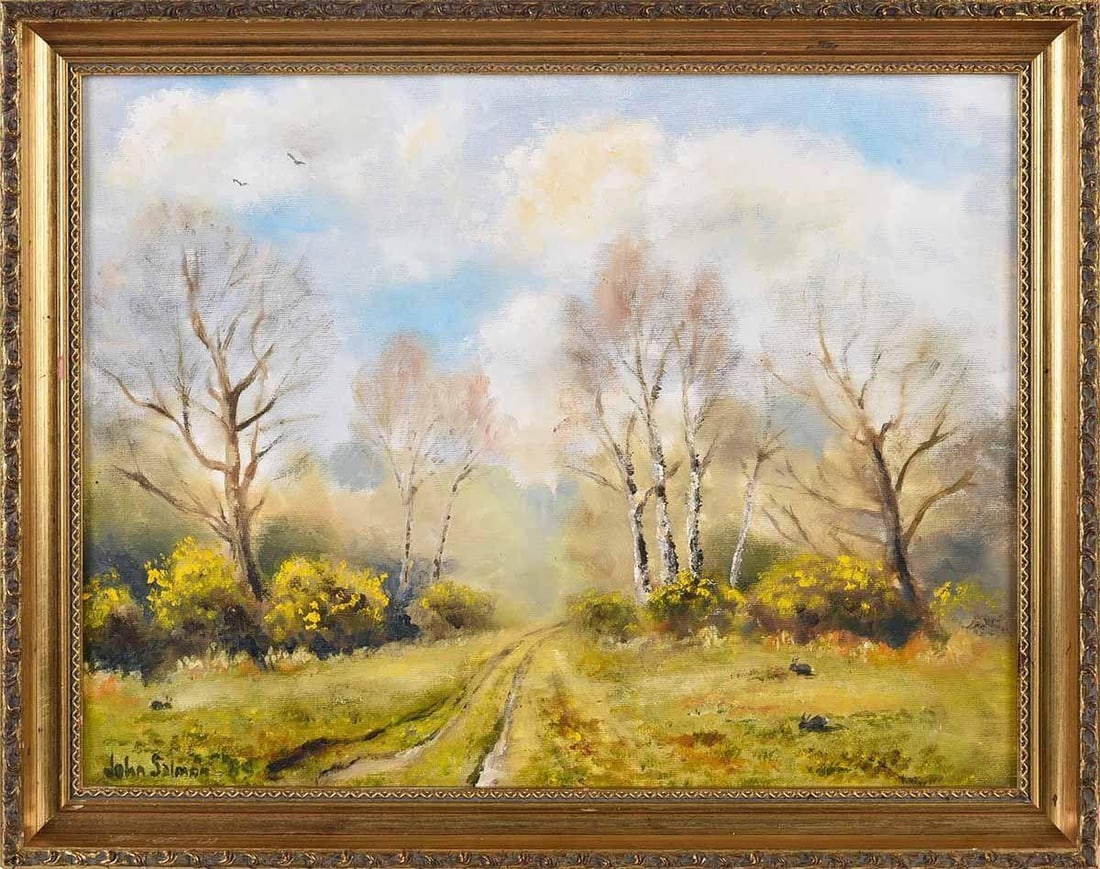 Oil Painting of Gorse on the Common With Trees & Rabbits in Oxfordshire England, 1985 - 3