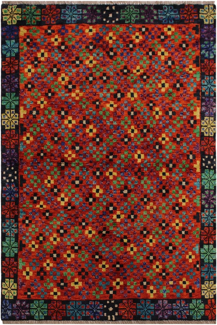 1990s Tribal Balouchi Orange/Black Wool Rug - 3'4" X 4'9" (1 of 8)