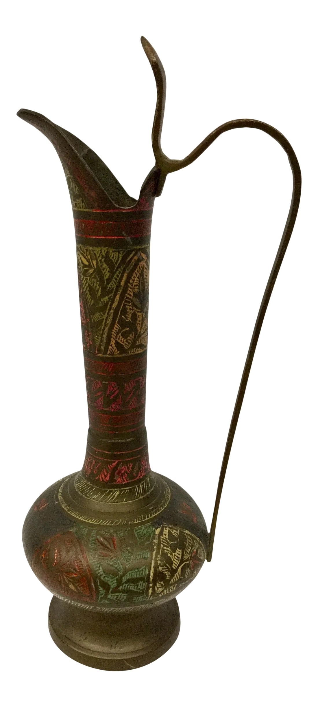 India Artisan Made Brass Oil Holder: Very unique carved brass oil holder with color Details. The shape is clean and crisp. Use this in the kitchen or on your table as a bud vase. The bottom has been hammered with " India" as shown in