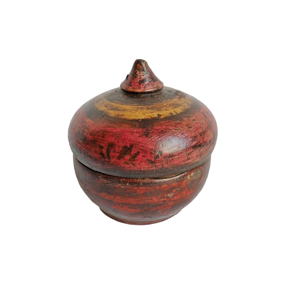 Vintage Tikka Box: Authentic vintage wood tikka box from India painted with traditional ring designs. Beautiful worn patina. These beautiful wood painted heirlooms were traditionally used to store the powder for tilaka,