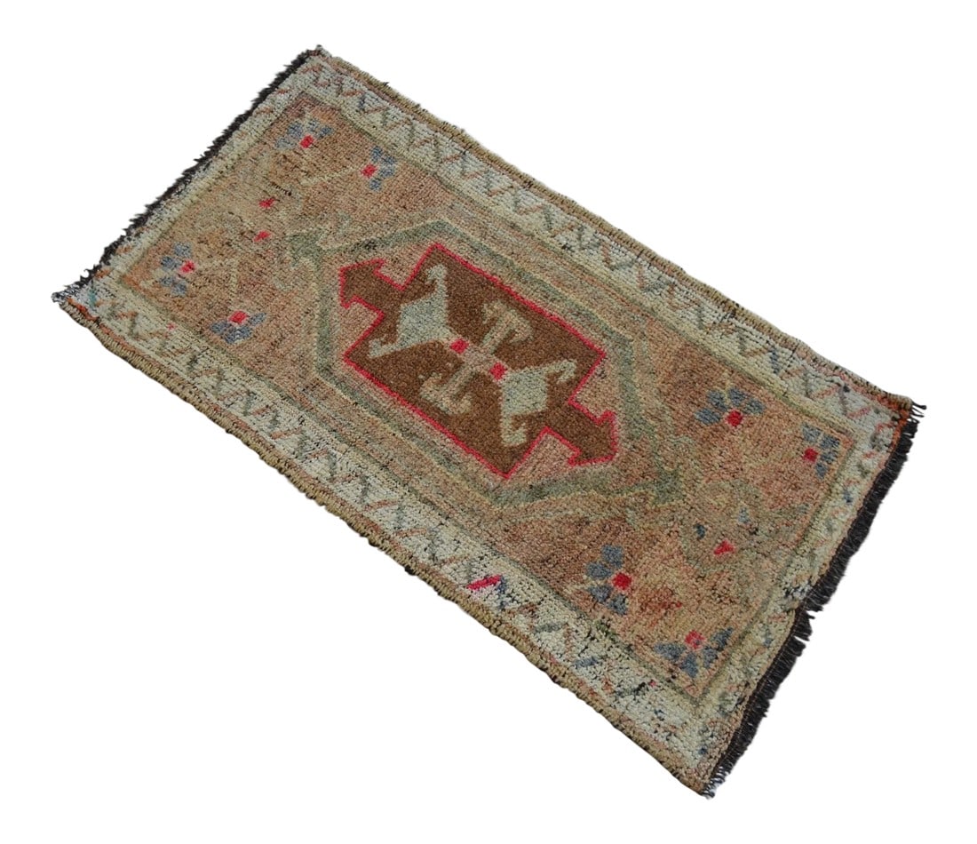 Hand Made Yastik Rug Distressed Low Pile Petite Rug Faded Mat - 19'' X 36'': Offered a vintage kurdish small rug. Hand knotted faded colors petite rug perfect for a small guest bath or in front of the kitchen sink we take photos at outdoor for correct colors. But rug can be