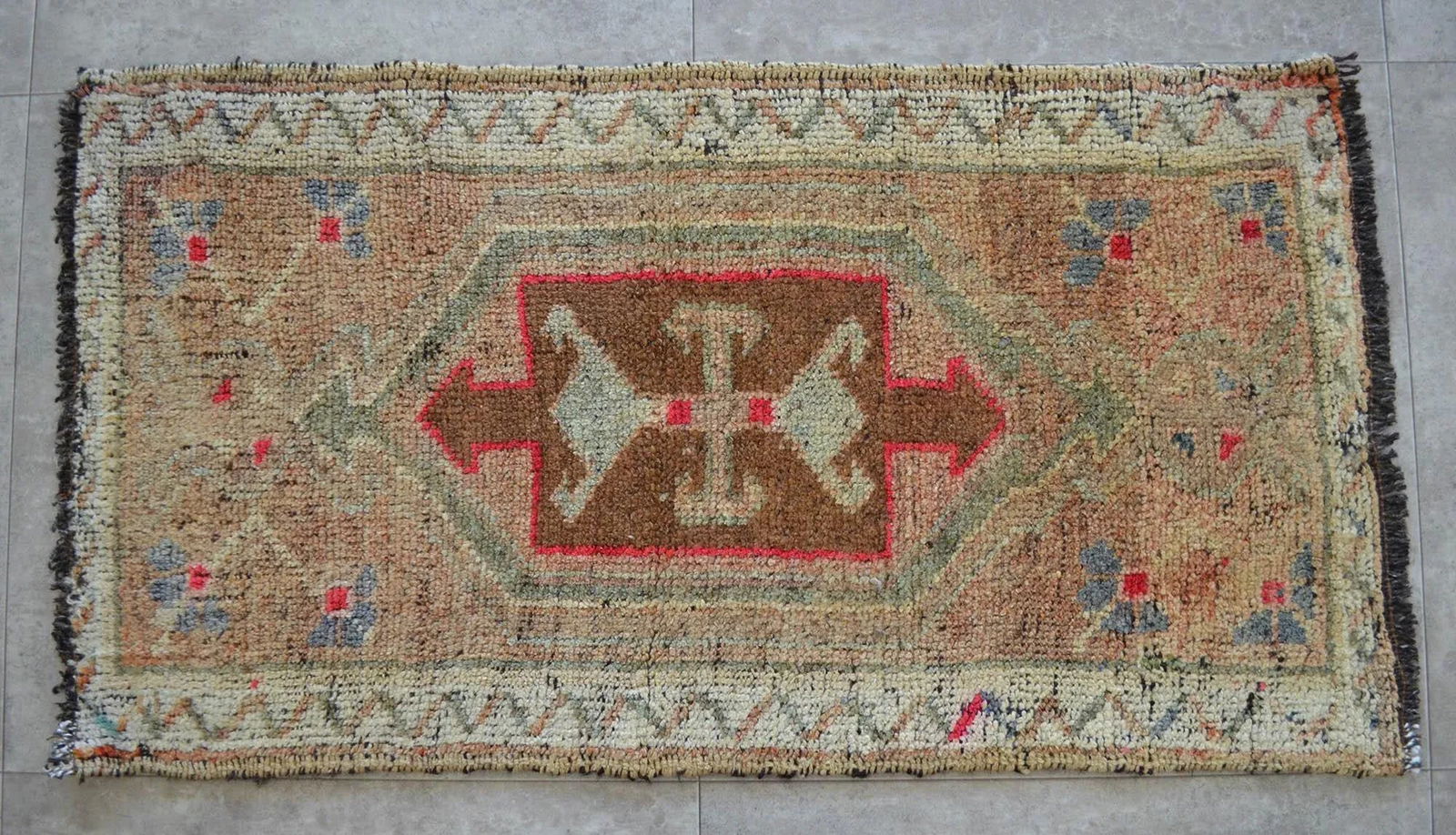 Hand Made Yastik Rug Distressed Low Pile Petite Rug Faded Mat - 19'' X 36'' - 5