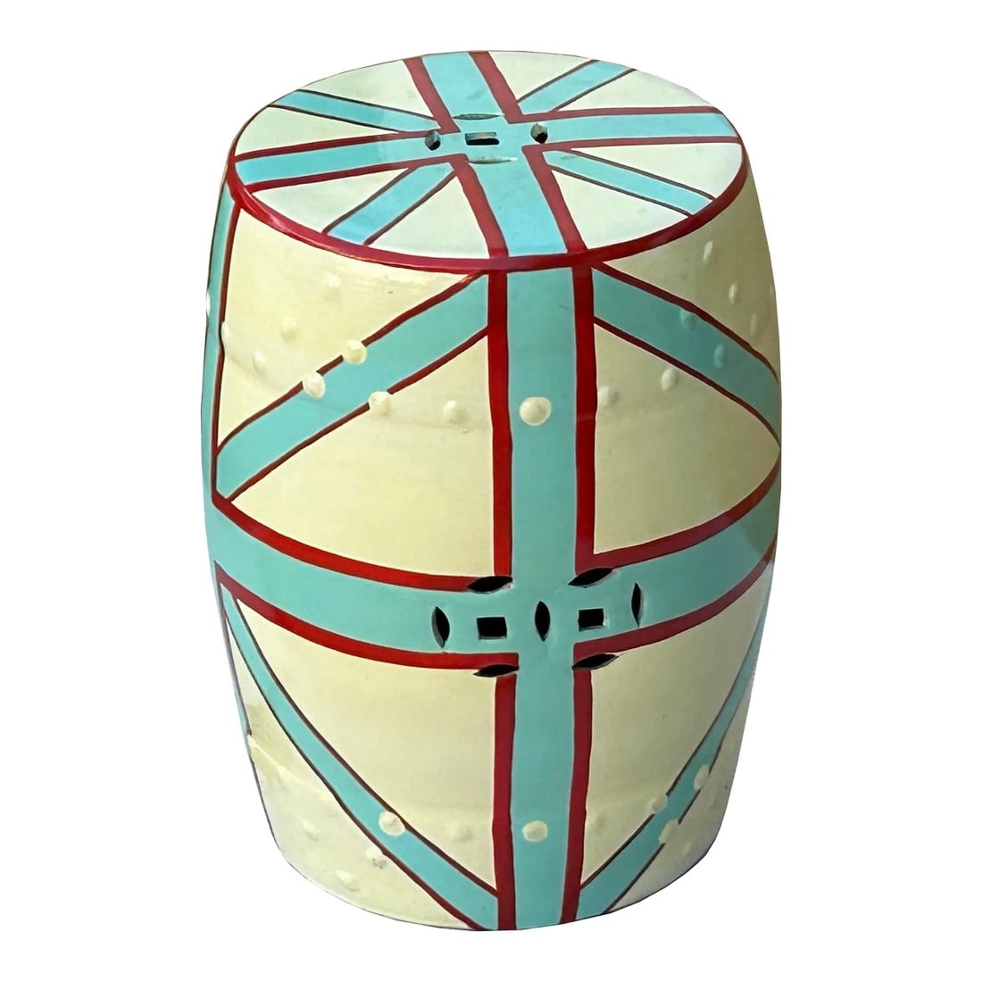Light Celadon Base Turquoise Cross Line Round Porcelain Stool Table: The Light Celadon Base Turquoise Cross Line Round Porcelain Stool Table is an exquisite piece of furniture that combines elegance and functionality. The stool table features a light celadon-colored
