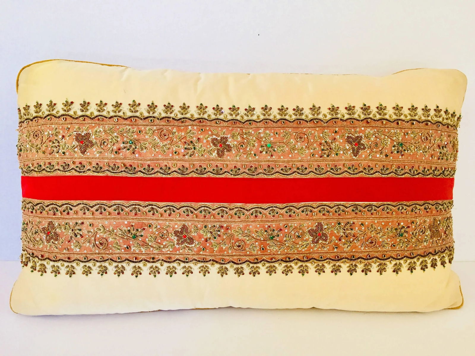 Decorative Ivory Color Silk Throw Pillow Embellished With Beads - 10