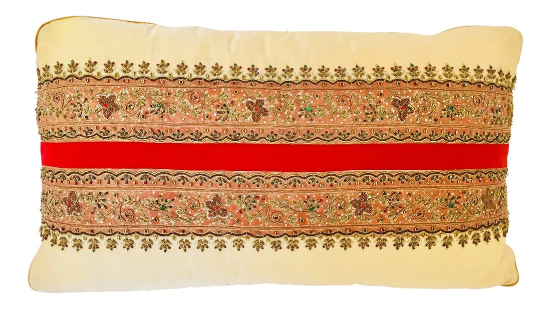 Decorative Ivory Color Silk Throw Pillow Embellished With Beads (1 of 10)