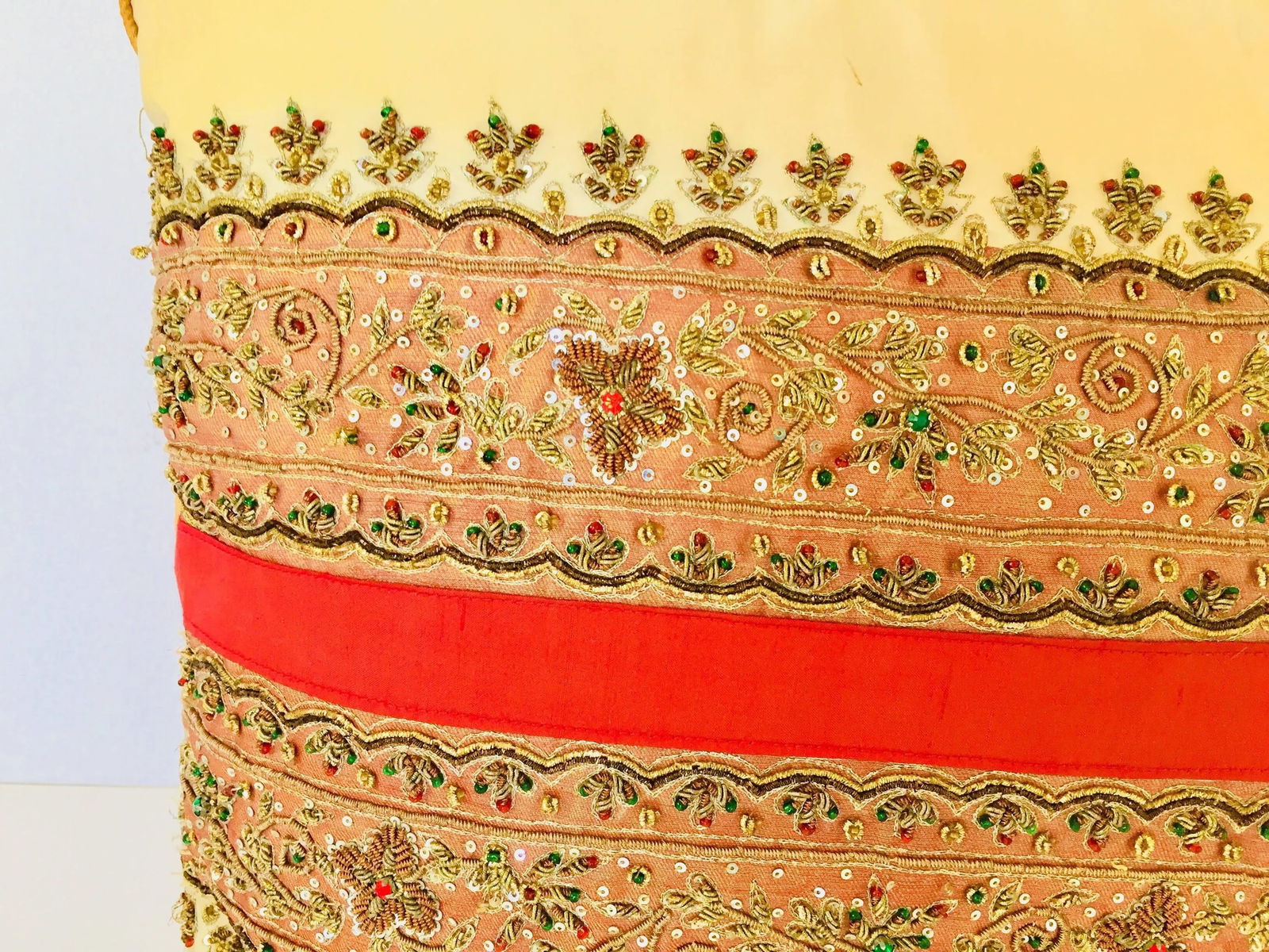 Decorative Ivory Color Silk Throw Pillow Embellished With Beads - 2