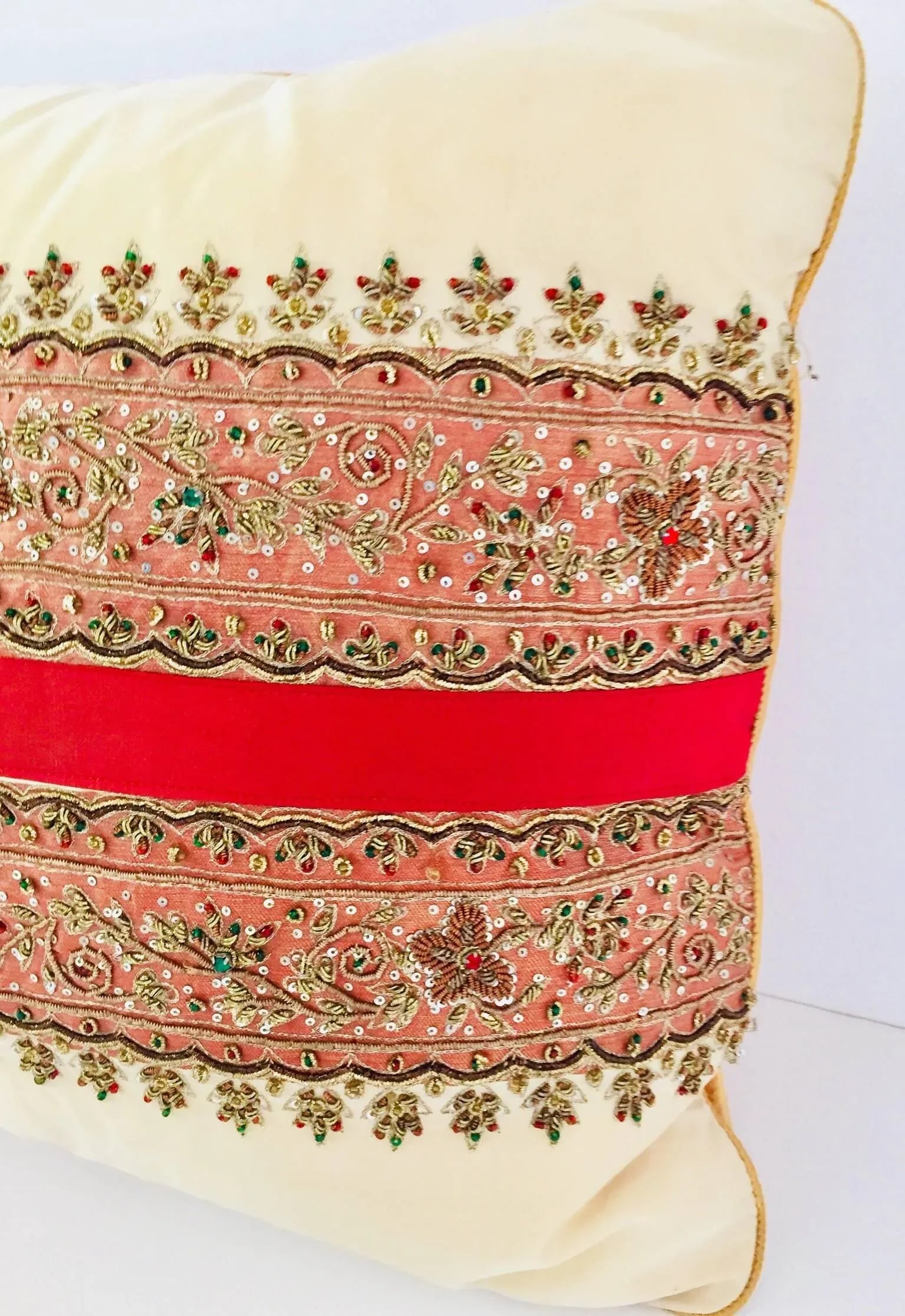 Decorative Ivory Color Silk Throw Pillow Embellished With Beads - 3