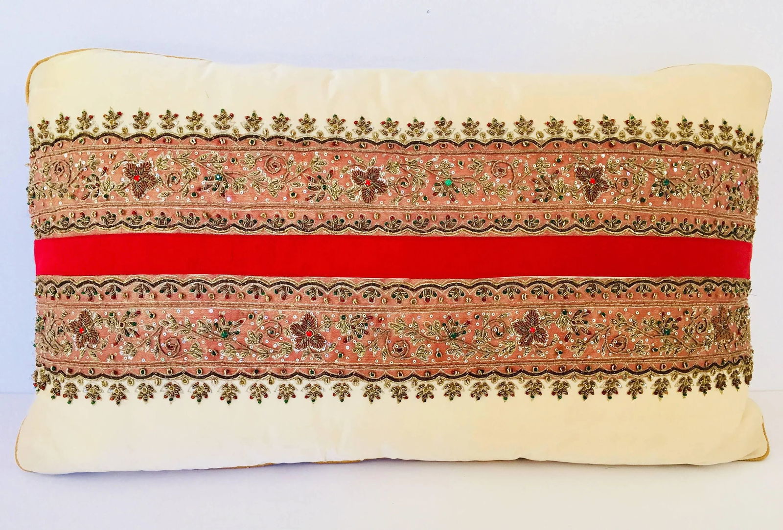 Decorative Ivory Color Silk Throw Pillow Embellished With Beads - 8