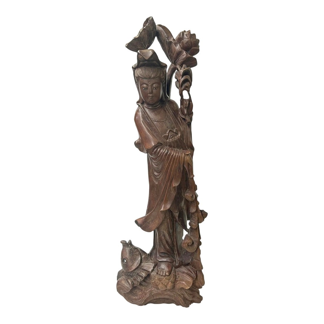 Vintage Chinese Boxwood Handcarved Lotus Fish Bodhisattva Guan Yin Statue: This exquisite vintage handcrafted Chinese boxwood statue features a depiction of Guan Yin, the Bodhisattva of compassion, with a unique lotus and fish accent. Meticulously carved from high-quality
