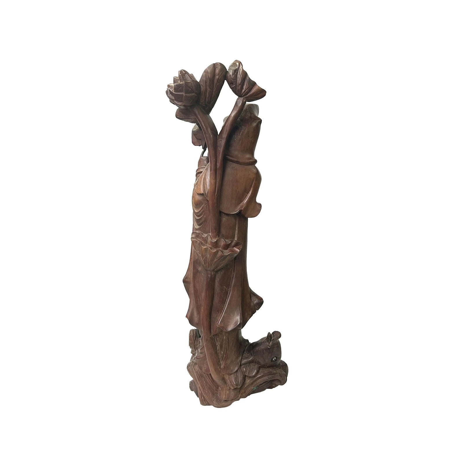 Vintage Chinese Boxwood Handcarved Lotus Fish Bodhisattva Guan Yin Statue - 4