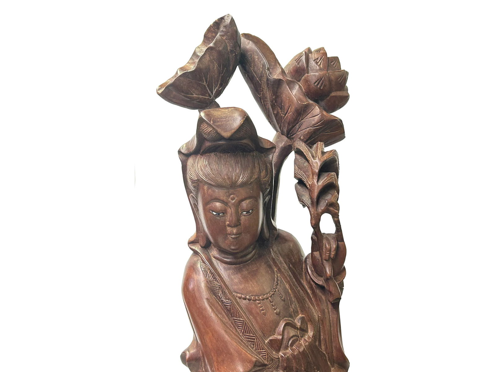 Vintage Chinese Boxwood Handcarved Lotus Fish Bodhisattva Guan Yin Statue - 6
