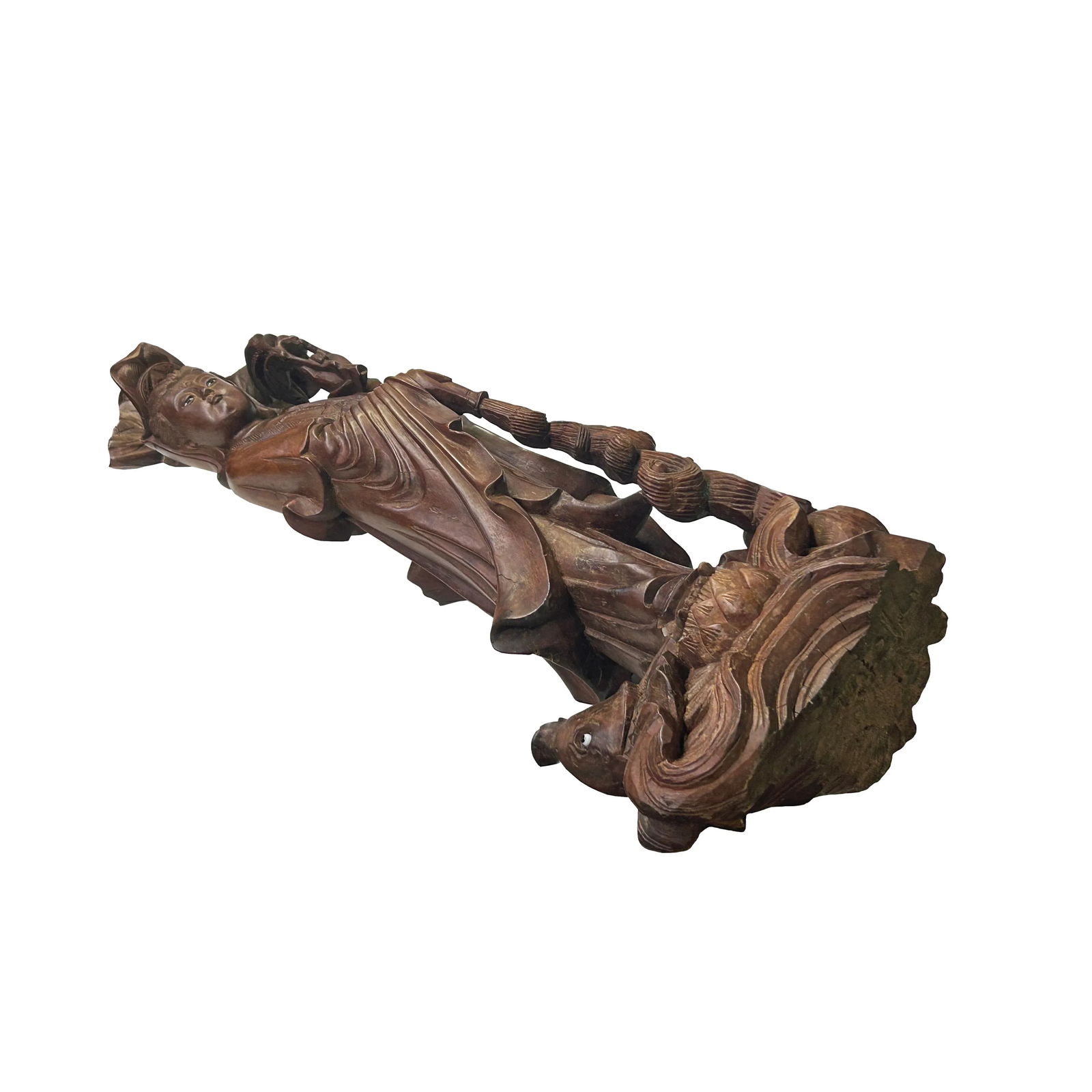 Vintage Chinese Boxwood Handcarved Lotus Fish Bodhisattva Guan Yin Statue - 8