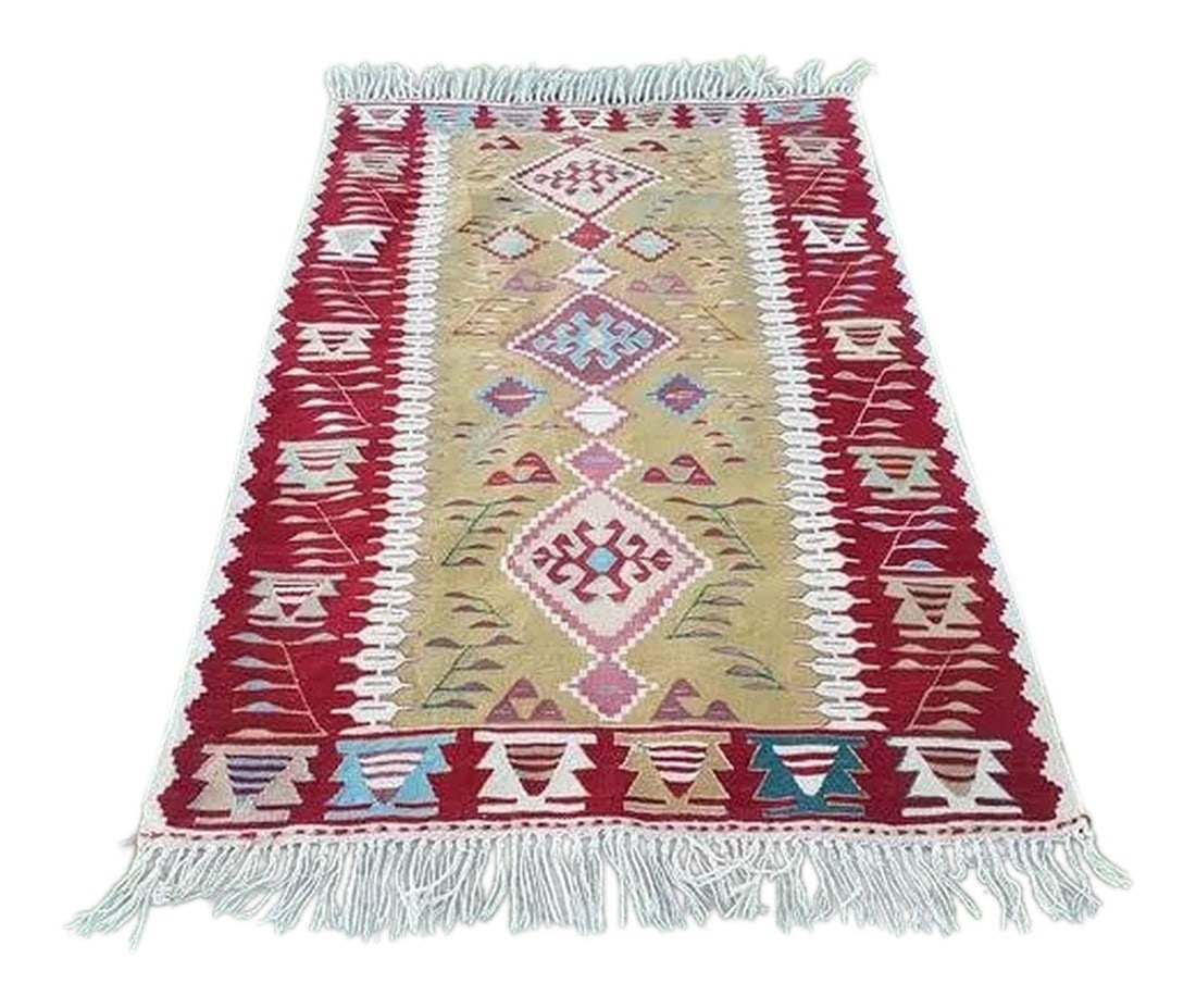 1970s Vintage Turkish Kilim Rug - 3"²10"³ Ã— 5"²11"³: This is a vintage handwoven wool rug from Turkey. The piece was made in the 1970s. Condition: Alterations: Original Condition Unaltered Imperfections: Some Imperfections Condition Notes: Excellent con
