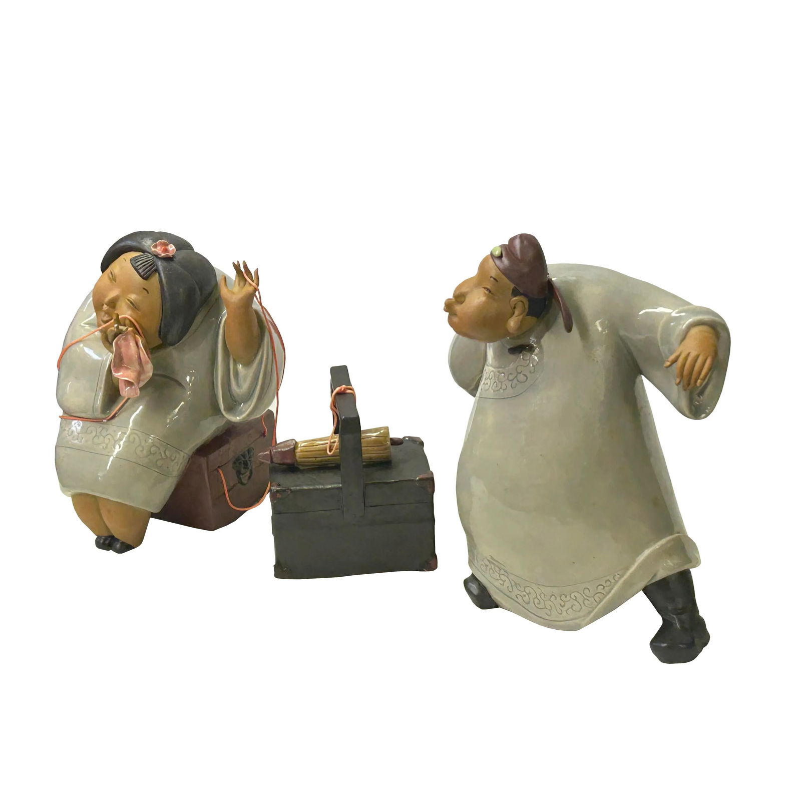 Chinese Artistic Pottery Couple Feature Display Figurines 3 Pieces Set - 3