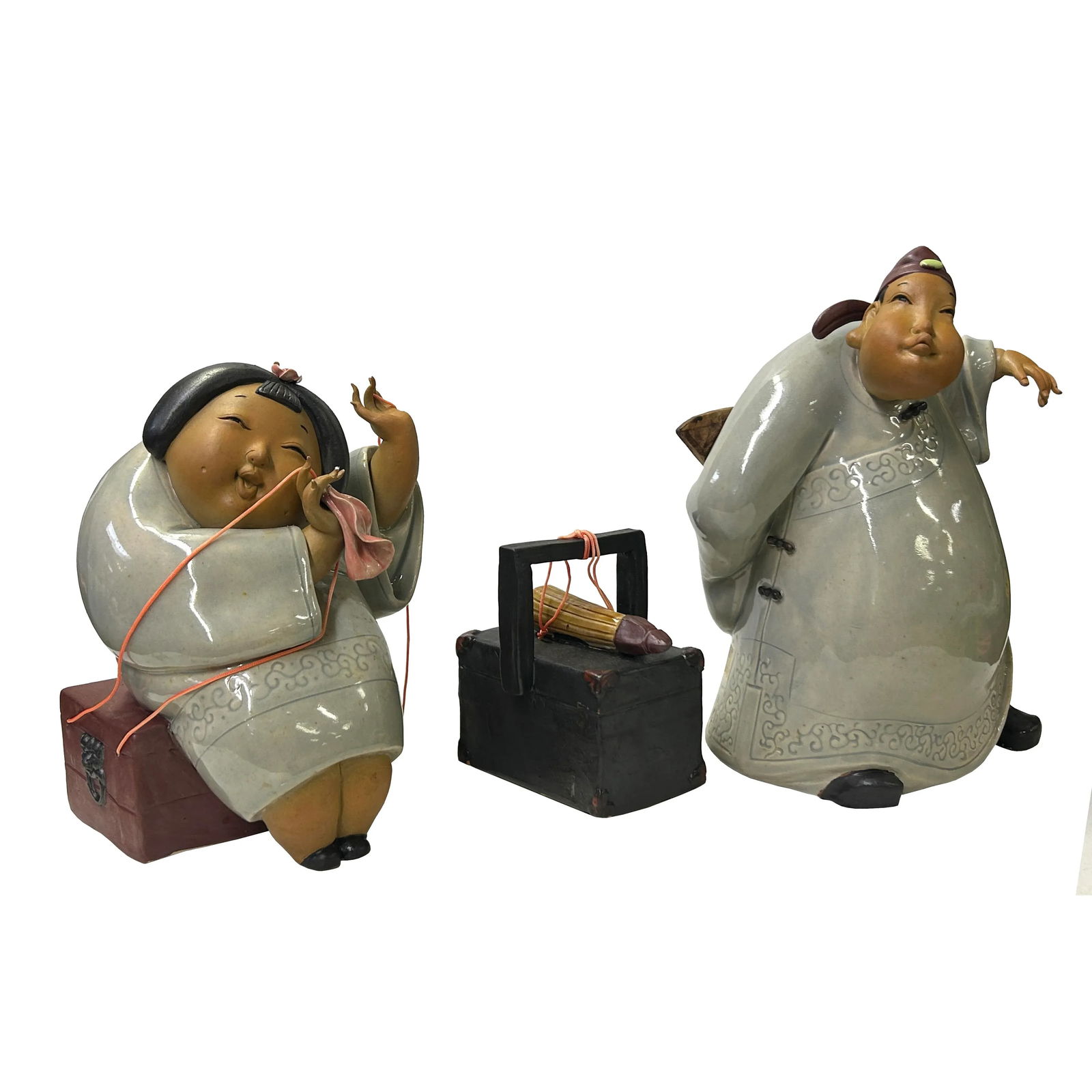 Chinese Artistic Pottery Couple Feature Display Figurines 3 Pieces Set - 4