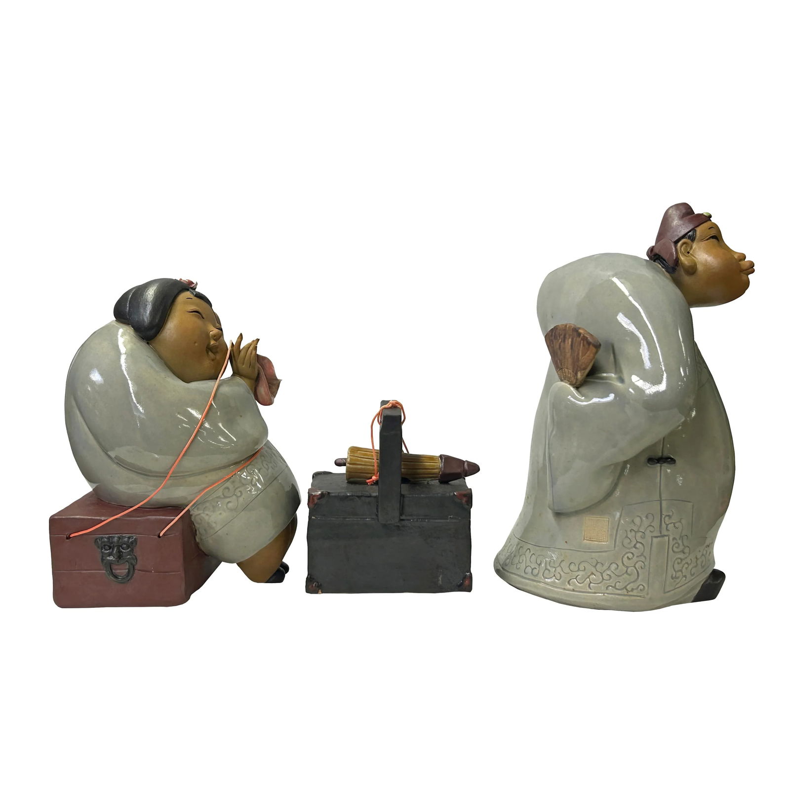 Chinese Artistic Pottery Couple Feature Display Figurines 3 Pieces Set - 6