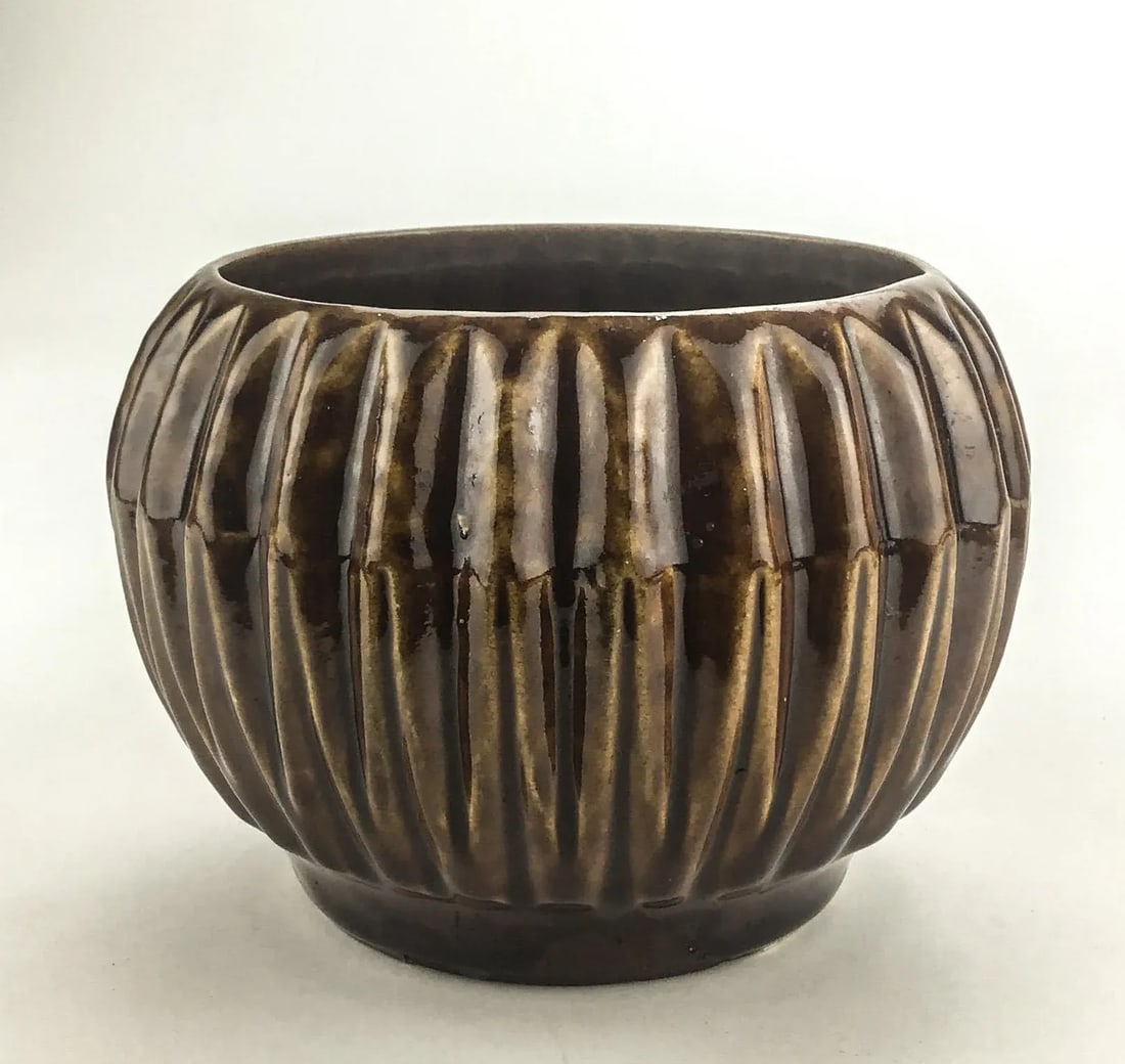 Vintage Ceramic Glazed Ribbed Planter U S A - 3
