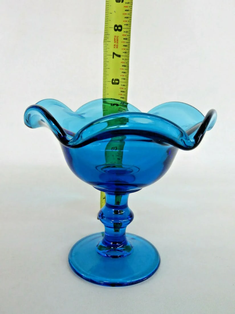 Imperial Blue Glass Ruffled Rim Pedestal Compote Candy Dish - 2