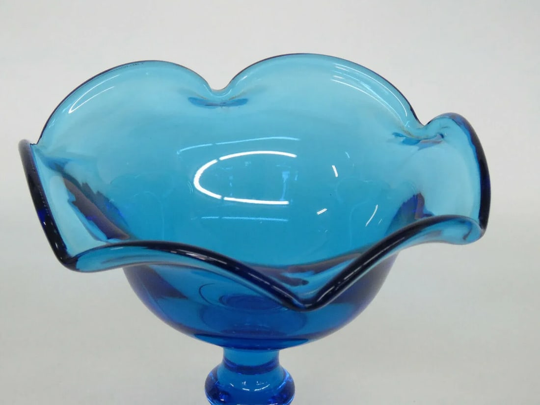 Imperial Blue Glass Ruffled Rim Pedestal Compote Candy Dish - 4