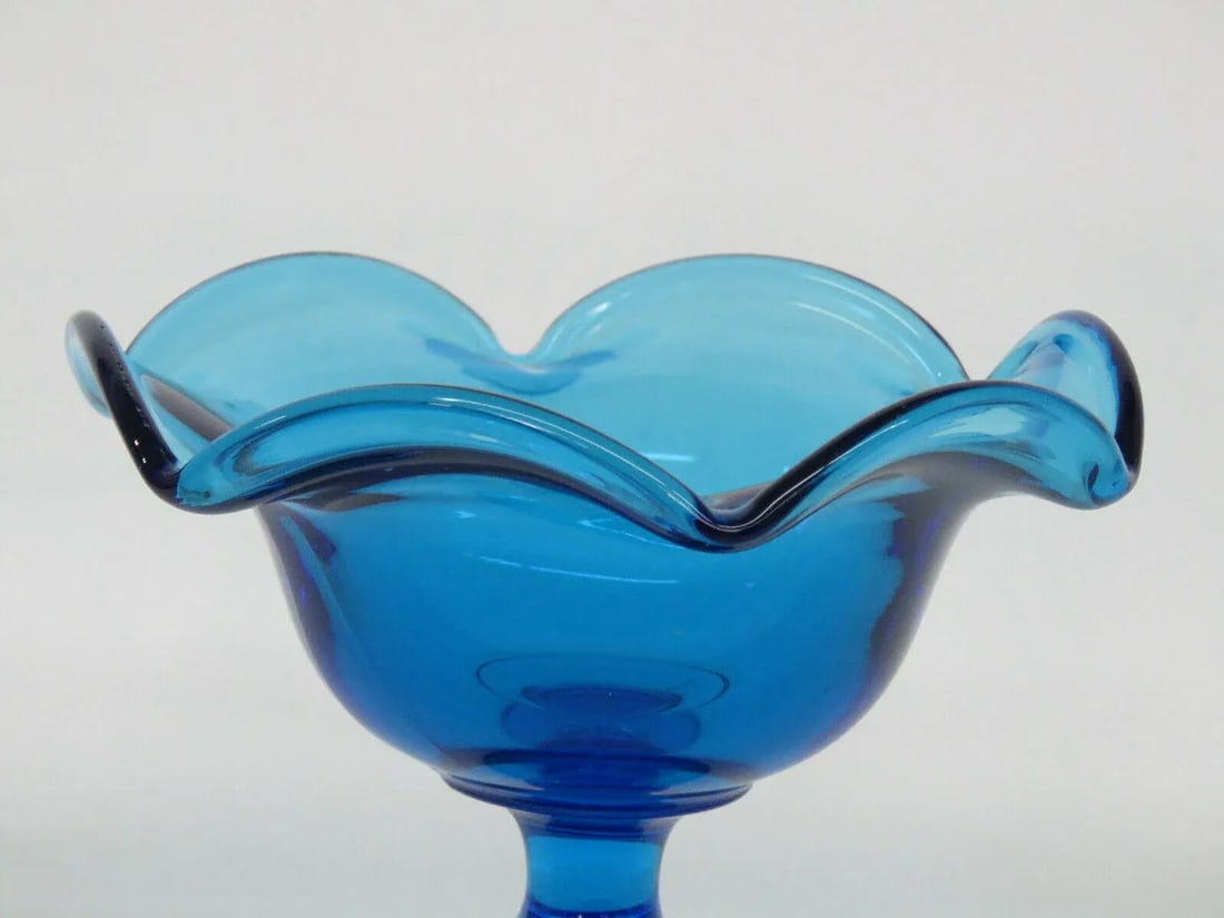 Imperial Blue Glass Ruffled Rim Pedestal Compote Candy Dish - 6