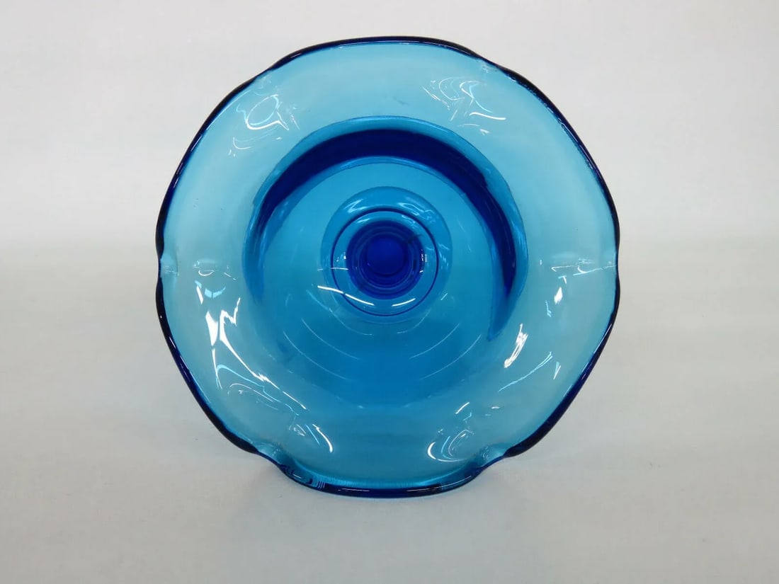 Imperial Blue Glass Ruffled Rim Pedestal Compote Candy Dish - 7