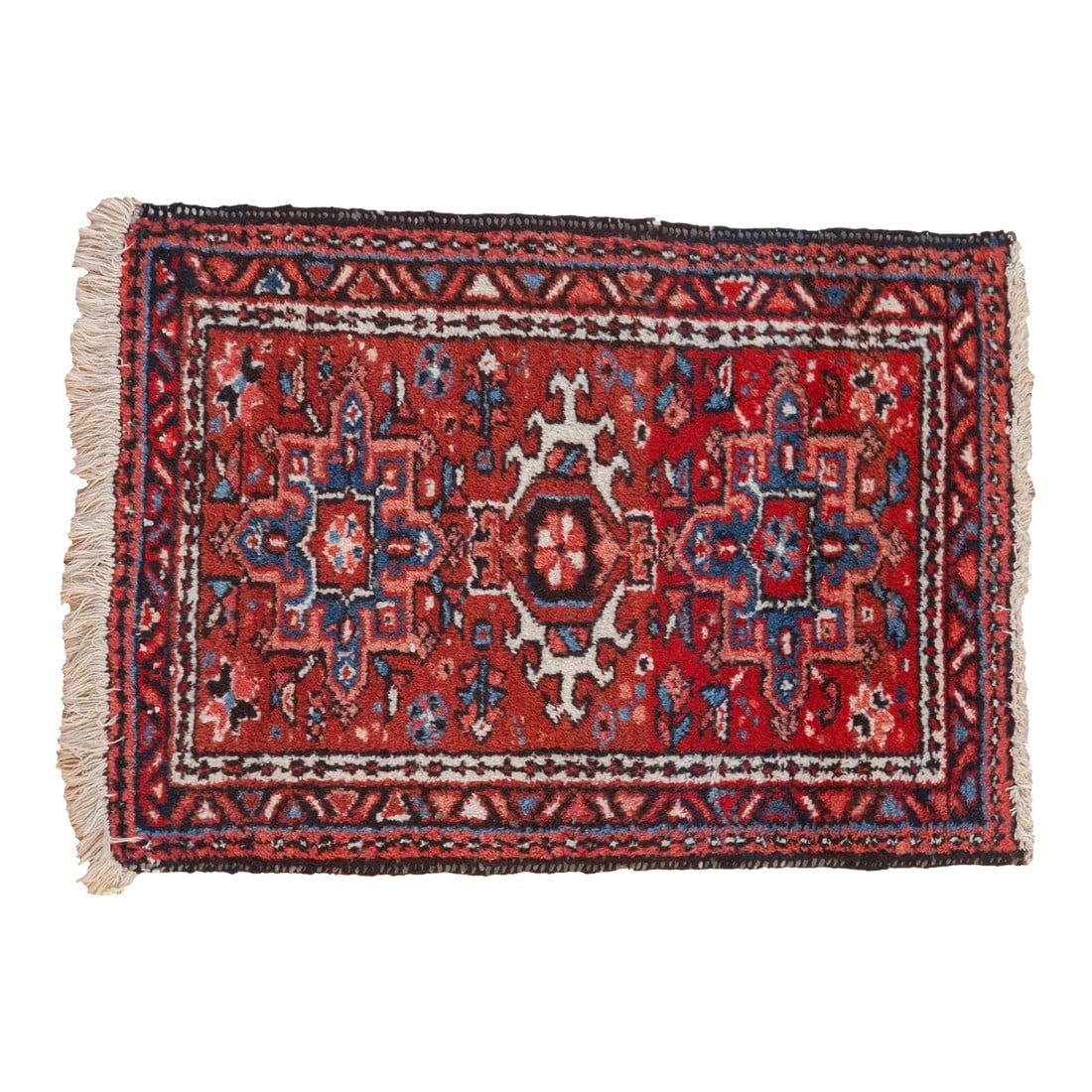 Vintage Karaja Rug Mat - 2'1" X 2'10": Classic Karaja with central hook and latch enveloped main medallion adorned at either end by mirrored squared medallions atop a covered field of colorful geometric blossoms. Colors and shades