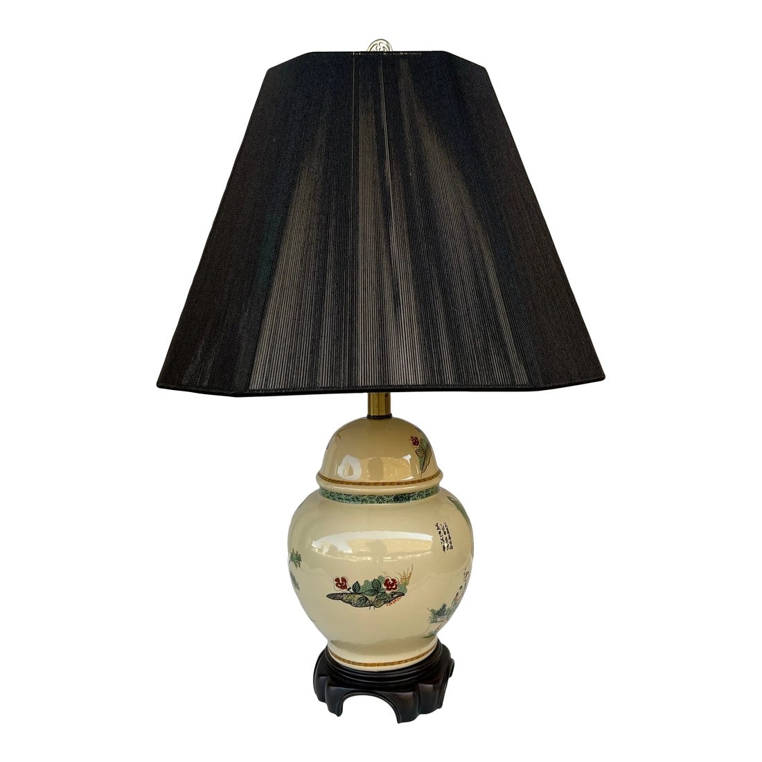 Mid Century Asian Ginger Jar Style Lamp: Mid Century Chinese lamp on wood base. Cream Porcelain Ginger Jar form with Asian hand paintings. Featuring Geisha scenes with foliage and flowers. Beautiful black shade highlights the colors. Brass