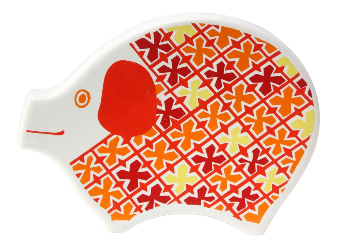 Mid Century Modern English Elephant 'Money Box' / Piggy Bank by Carlton Ware: Whimsical porcelain elephant piggy bank by Carlton Ware of England (circa 1969-early 1970s). Carlton Ware made a range of 'money boxes' with colorful, psychedelic prints on the side. This elephant exa