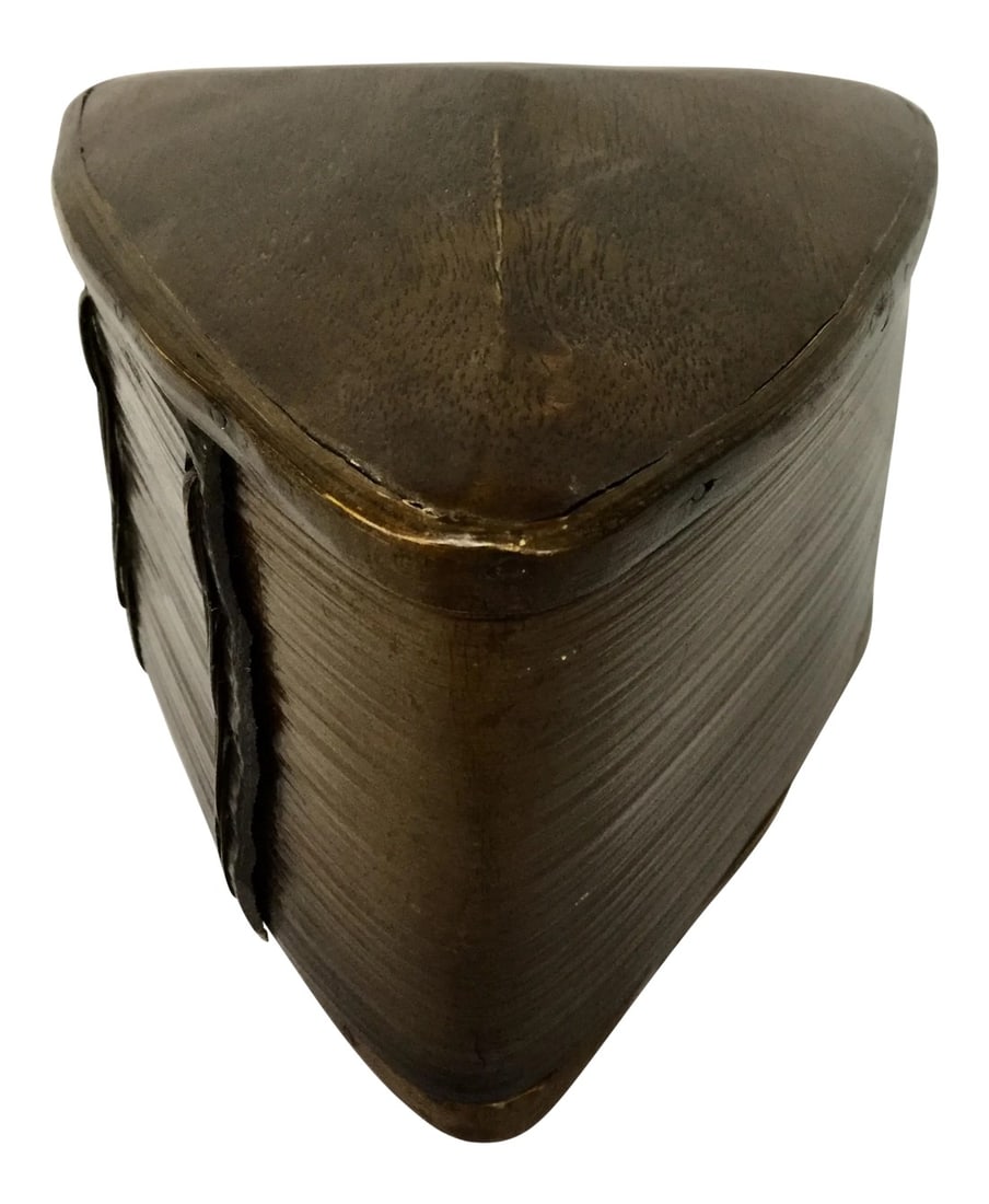 1980s Bamboo Artisan Art Trinket Box: A very unique little box to keep your most precious keepsakes in. This box is a triangle shape and has been made with bamboo. The process which was used to make this box is a well kept secret. The