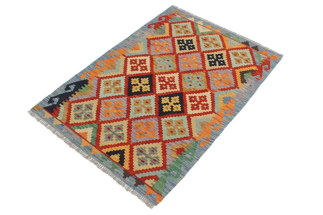 1990s Kilim Rust Blue Wool Rug - 2'9" X 3'10" - 2