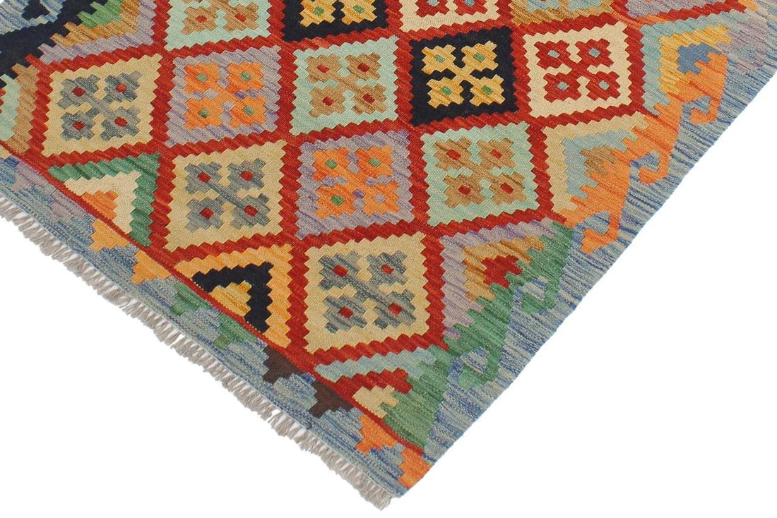 1990s Kilim Rust Blue Wool Rug - 2'9" X 3'10" - 3