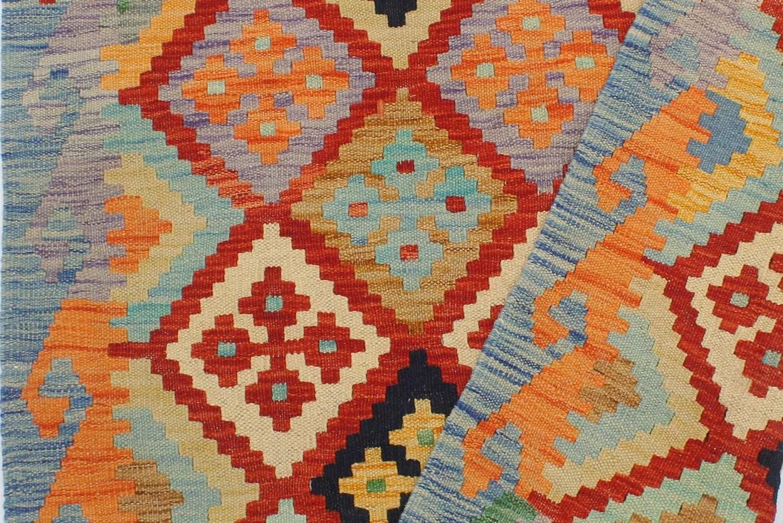 1990s Kilim Rust Blue Wool Rug - 2'9" X 3'10" - 5