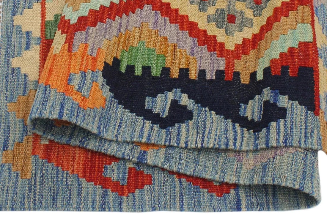 1990s Kilim Rust Blue Wool Rug - 2'9" X 3'10" - 6