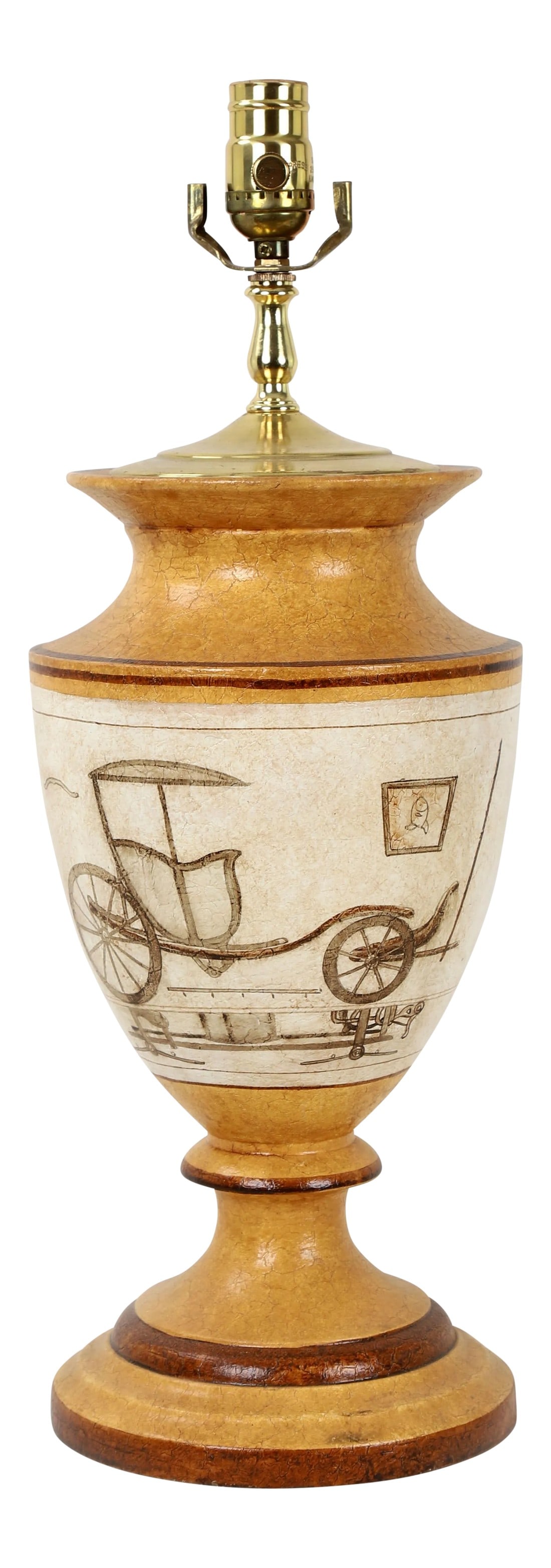 Vintage Amber Toned Crackle Paint Trophy Lamp With Painted Carriage: Trophy lamp with amber crackle paint, featuring a carriage in sepia tones on a light cream background. Minor crack at the opening for the cable. Condition: Alterations: Original Condition Unaltered