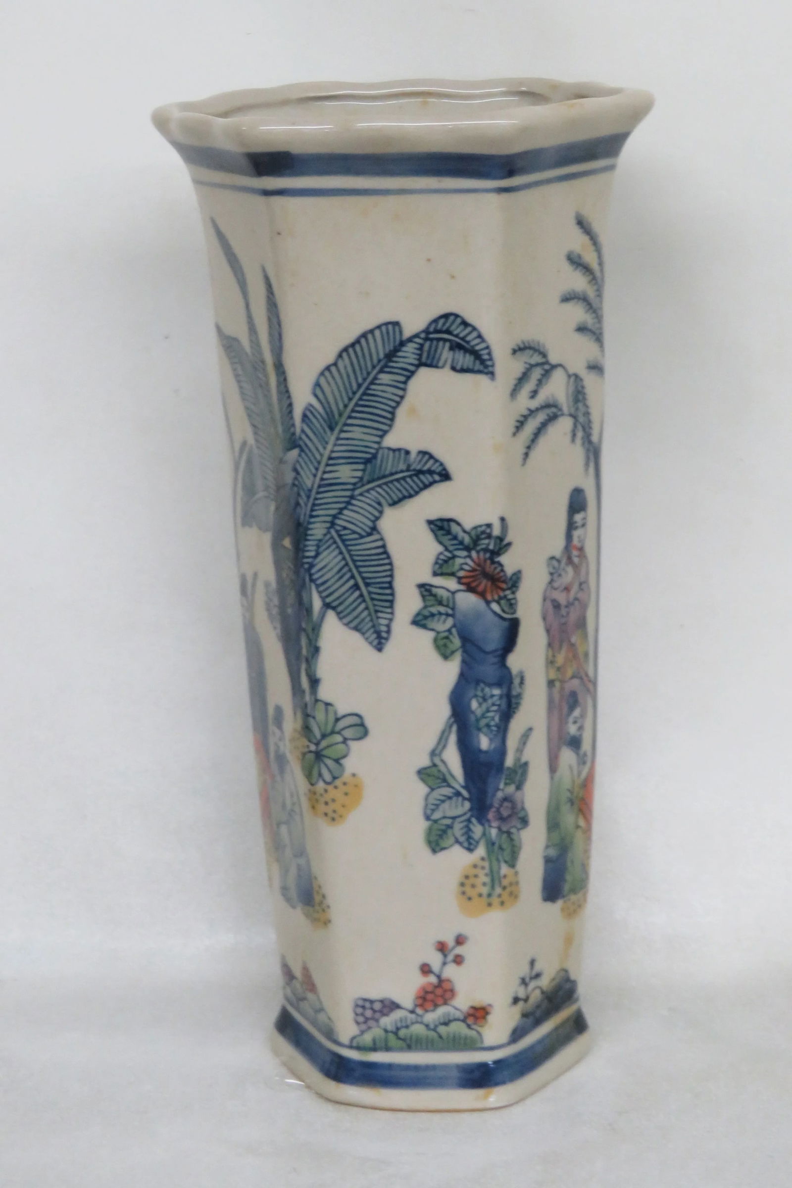 Asian Hand Painted Geisha Woman With Men Ceramic Hexagon Vase - 10