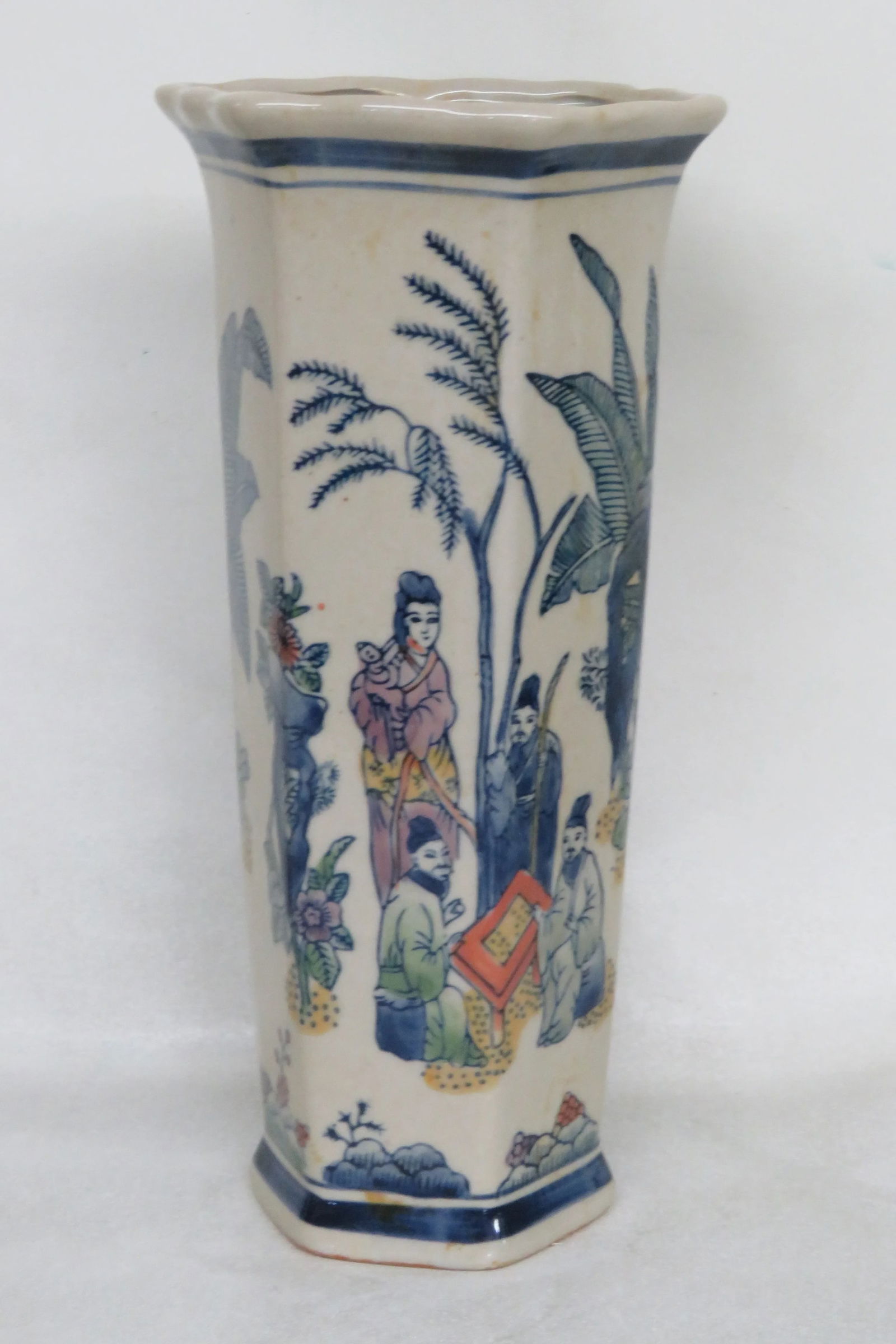 Asian Hand Painted Geisha Woman With Men Ceramic Hexagon Vase - 2