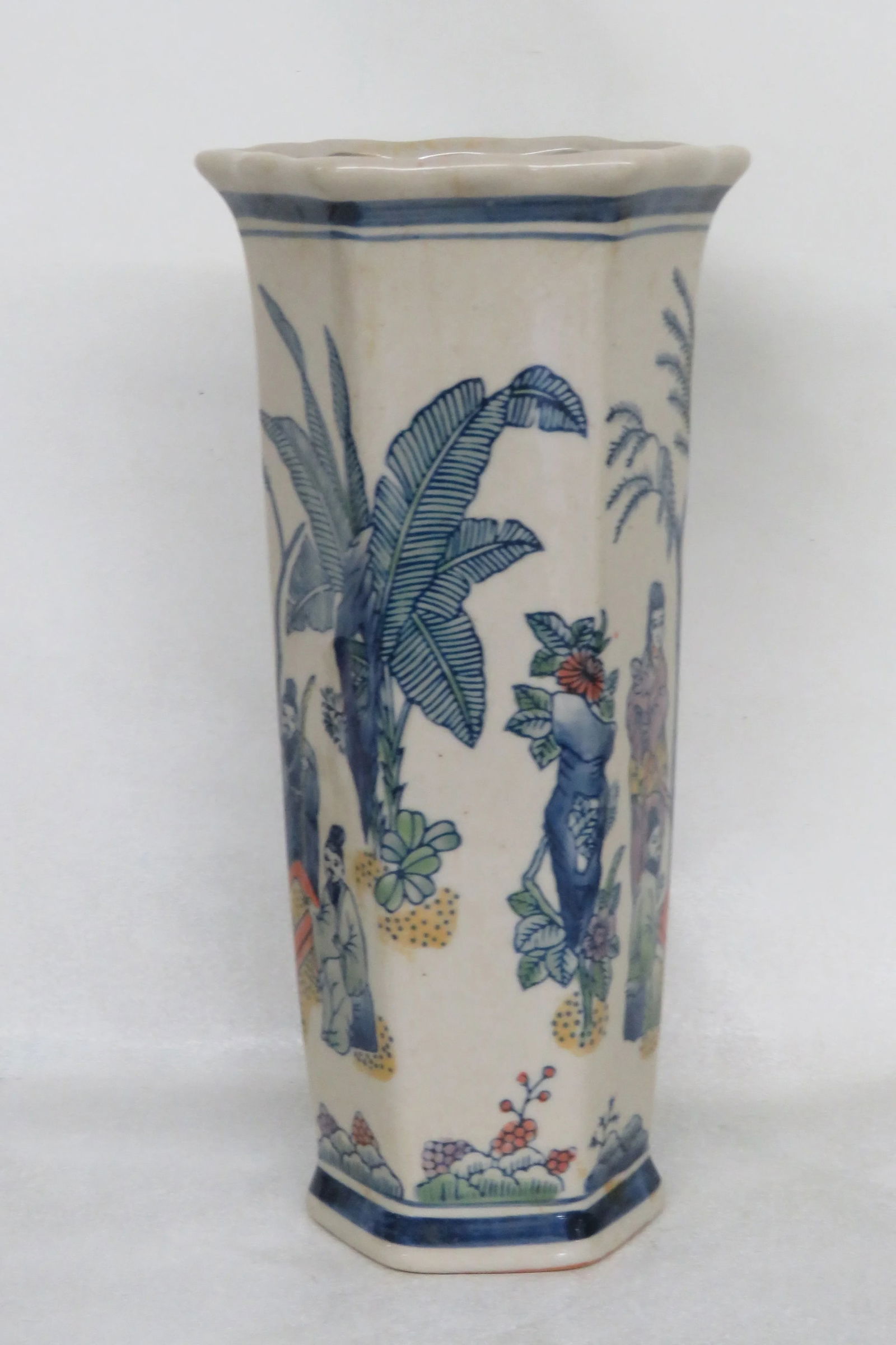 Asian Hand Painted Geisha Woman With Men Ceramic Hexagon Vase - 3