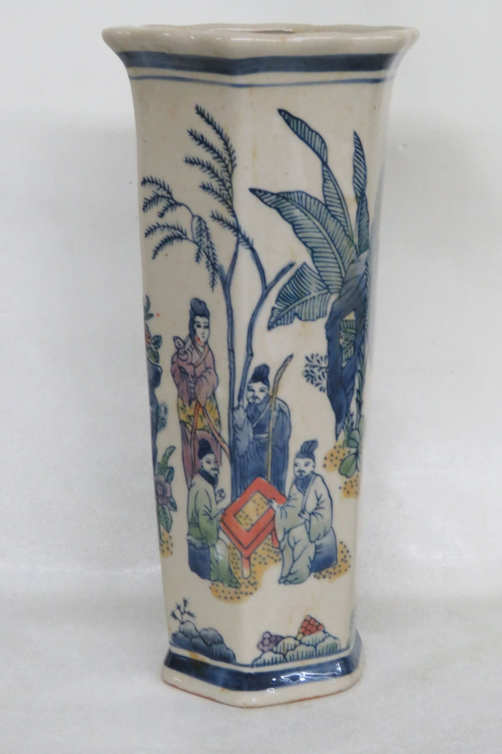 Asian Hand Painted Geisha Woman With Men Ceramic Hexagon Vase - 7