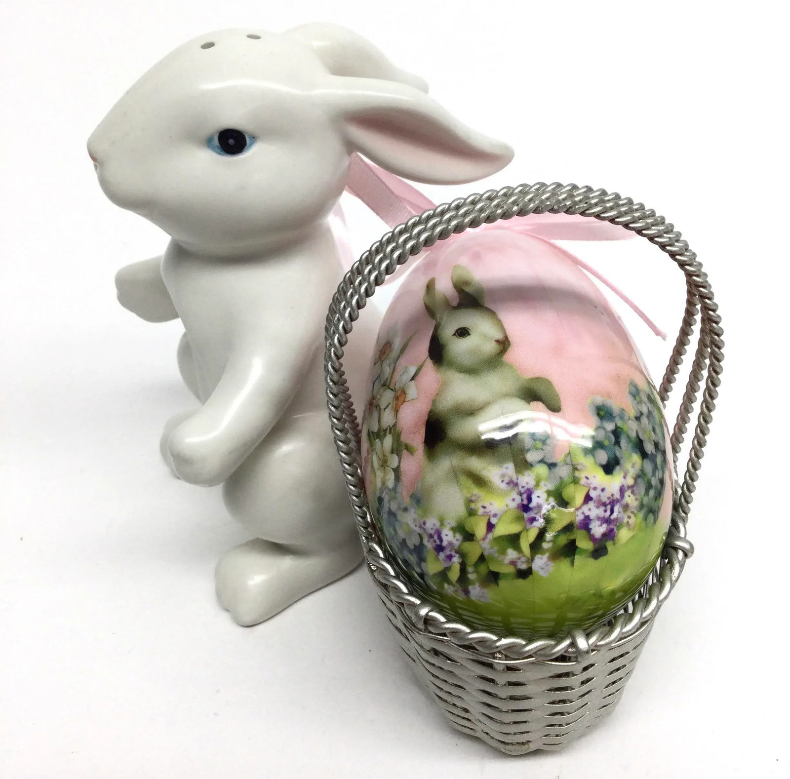 Silver Plate Basket and Porcelaine Bunny Salt Shaker and Egg Ornament - 10