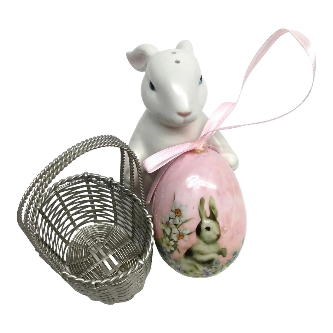 Silver Plate Basket and Porcelaine Bunny Salt Shaker and Egg Ornament (1 of 10)