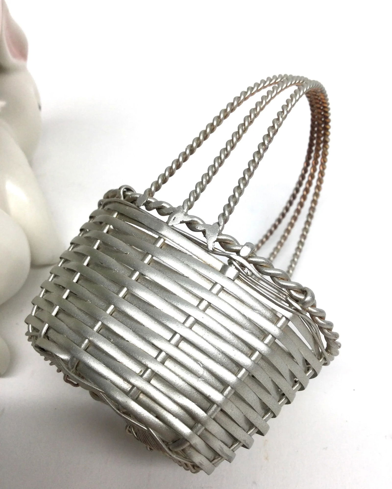 Silver Plate Basket and Porcelaine Bunny Salt Shaker and Egg Ornament - 2