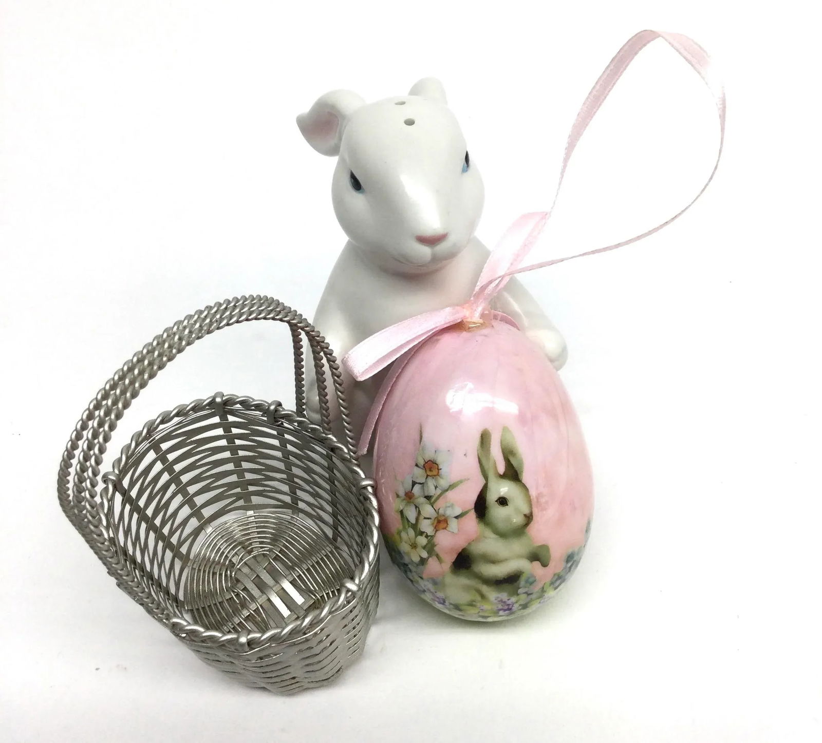Silver Plate Basket and Porcelaine Bunny Salt Shaker and Egg Ornament - 5