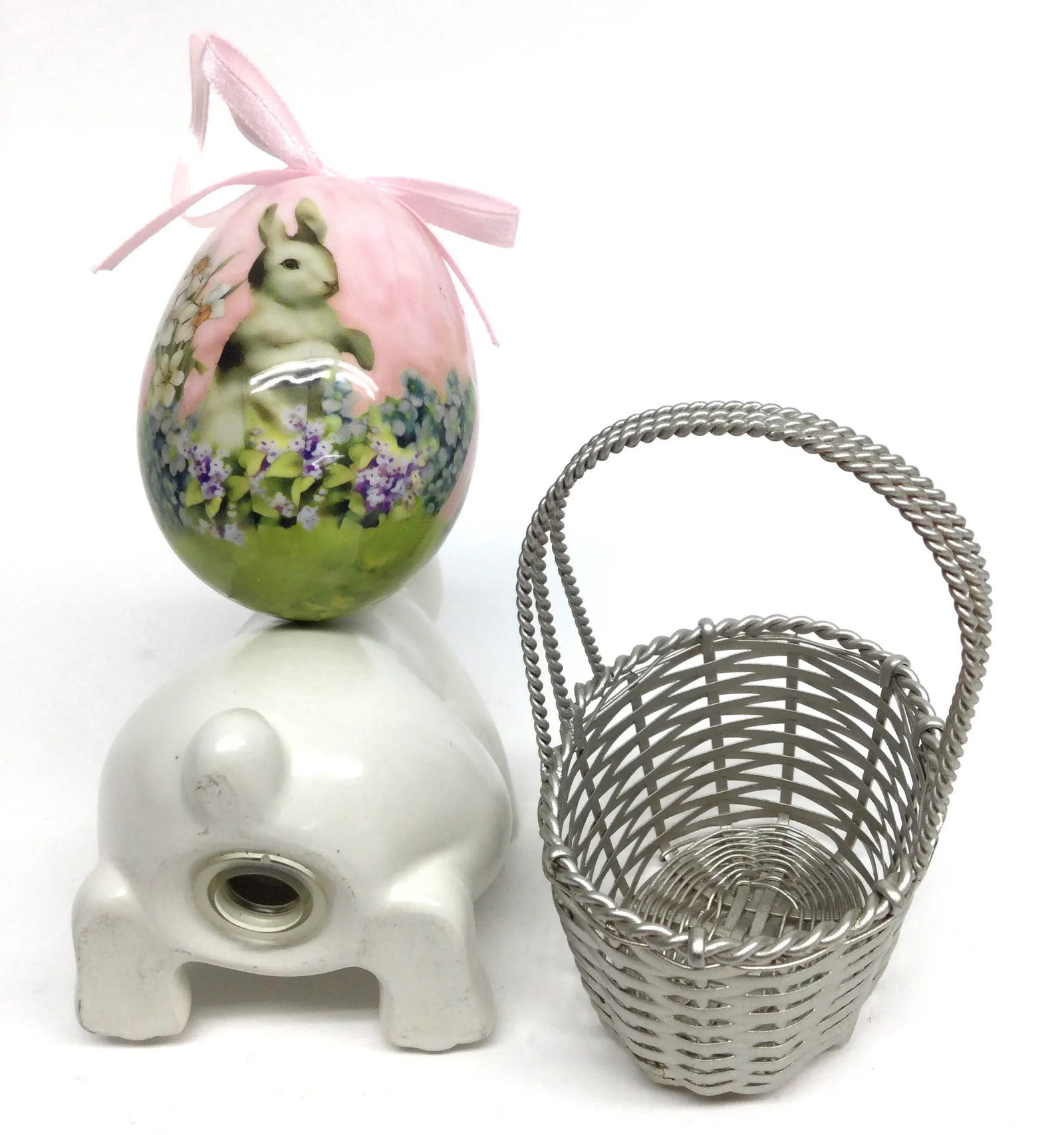 Silver Plate Basket and Porcelaine Bunny Salt Shaker and Egg Ornament - 7
