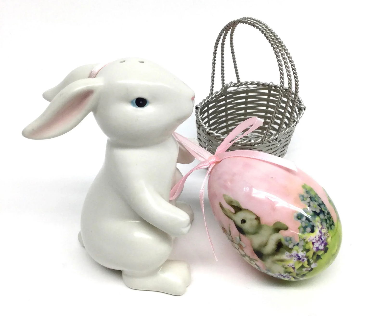 Silver Plate Basket and Porcelaine Bunny Salt Shaker and Egg Ornament - 9