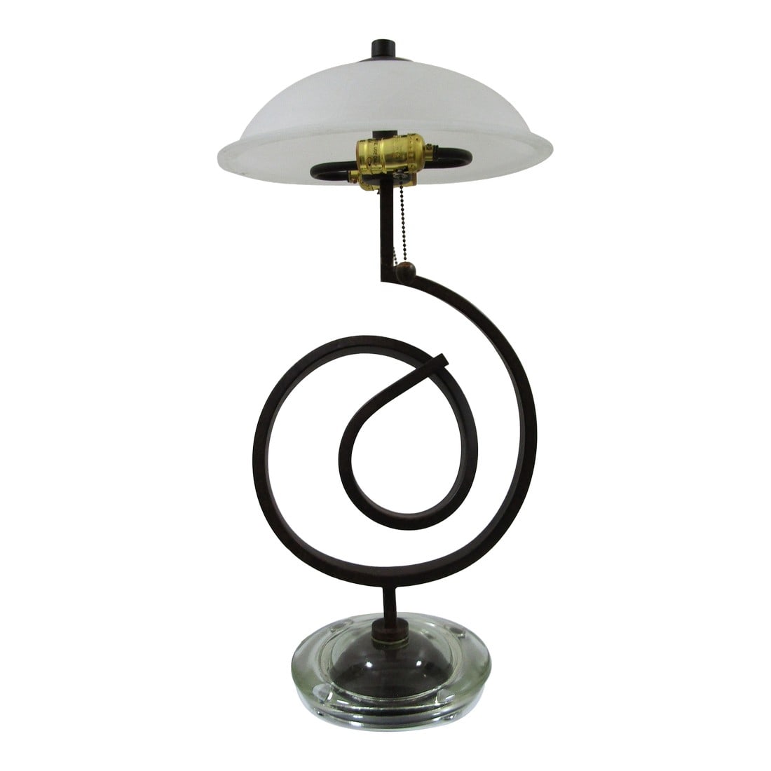 1990s Curled Iron Thick Glass Base Dual Table Lamp With Alabaster Shade (1 of 10)