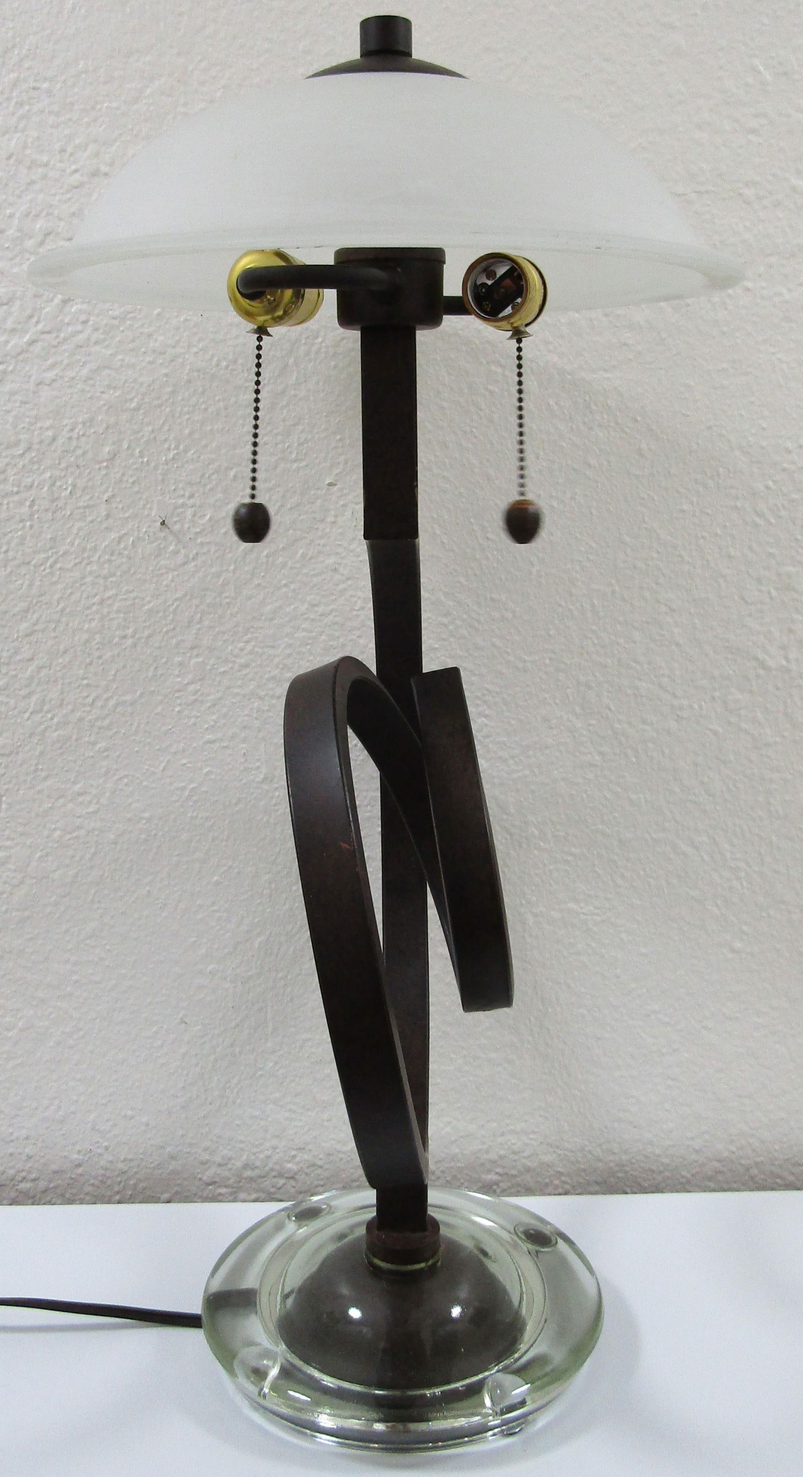 1990s Curled Iron Thick Glass Base Dual Table Lamp With Alabaster Shade - 4