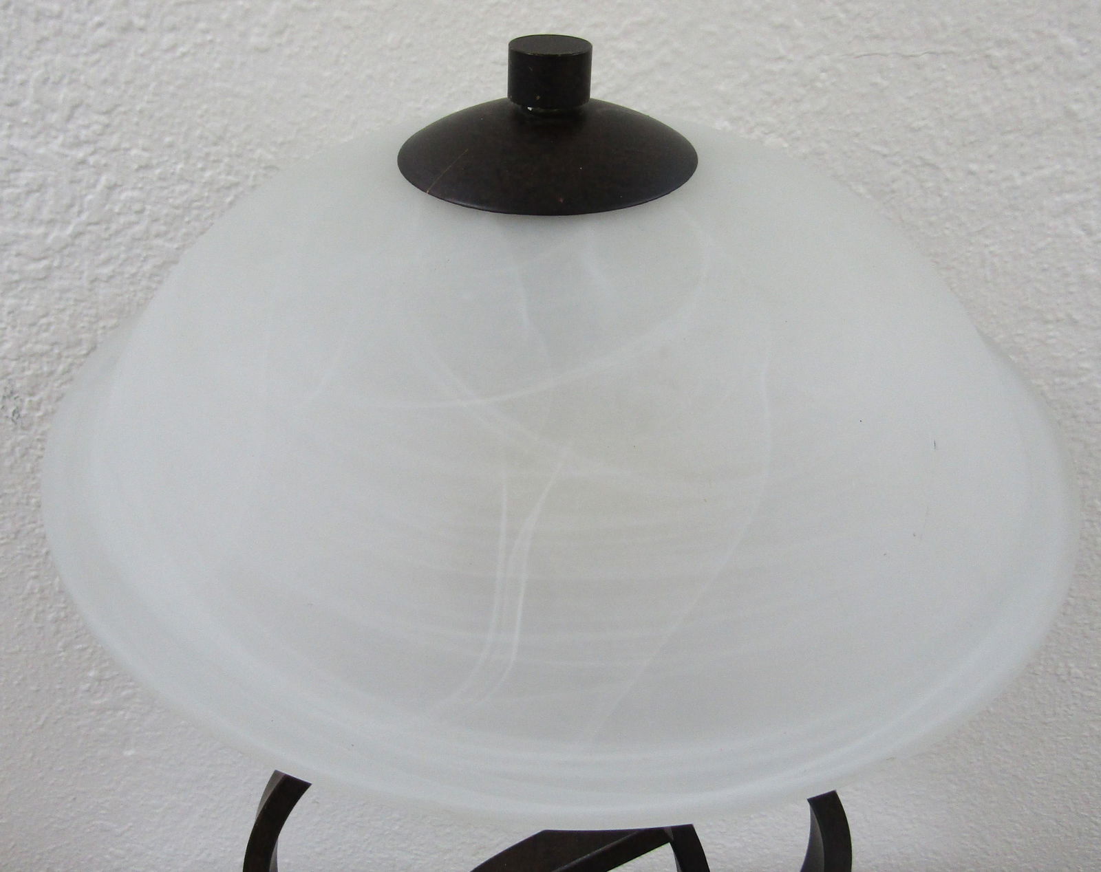 1990s Curled Iron Thick Glass Base Dual Table Lamp With Alabaster Shade - 5